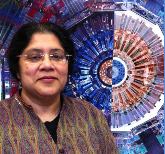 Meenakshi Narain face in front of an image of the CMS detector